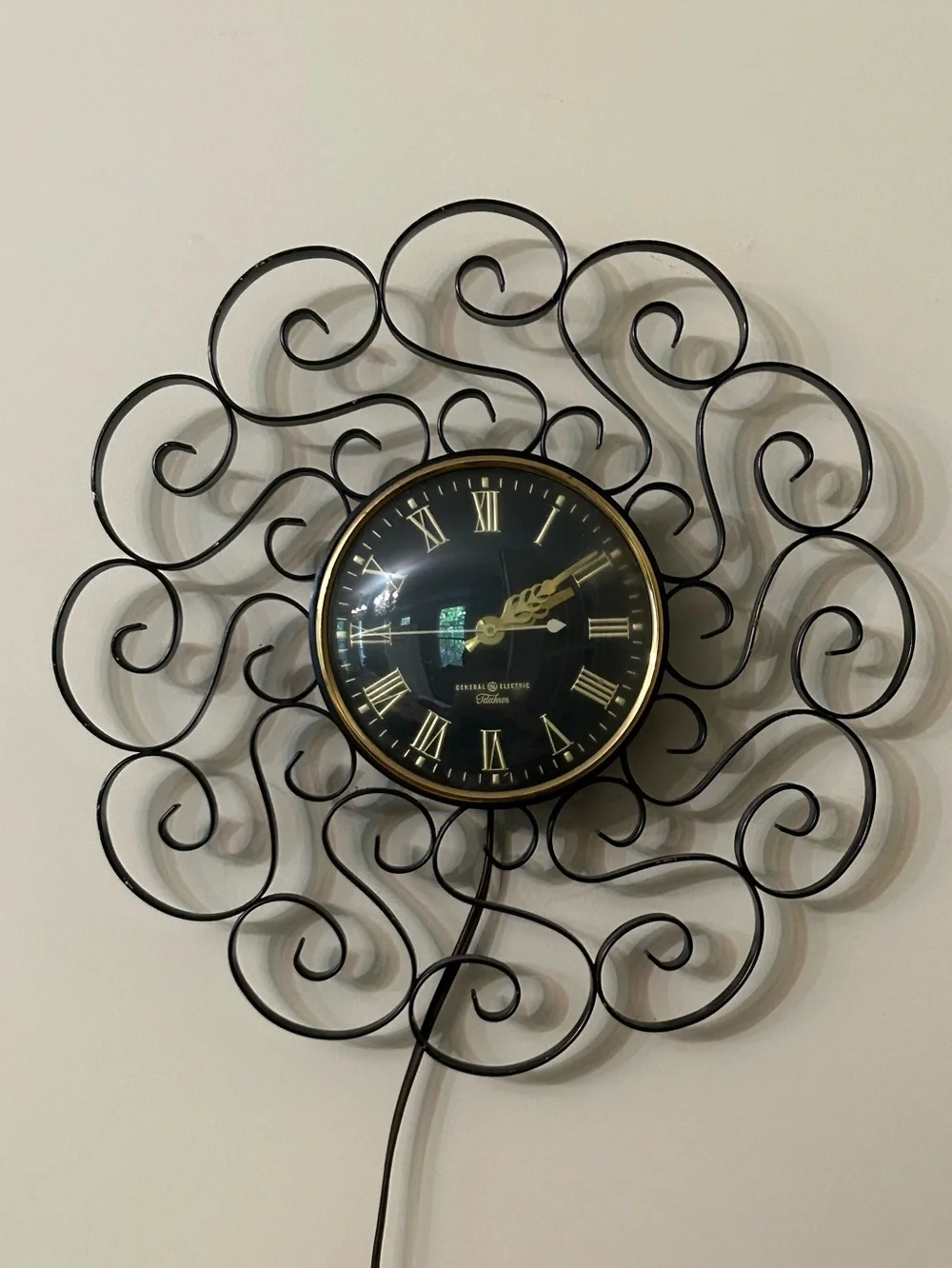 True Vintage Mid Century 1950's Classic Black Metal Scroll Wall Clock